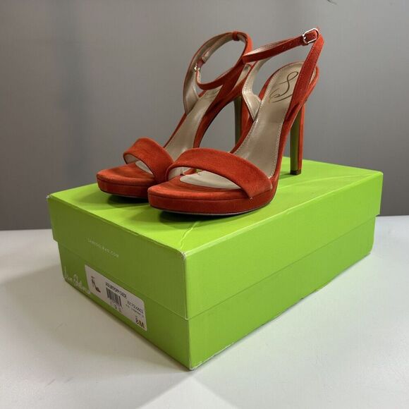 Sam Edelman Jade Stiletto Heel Open Toe Ankle Strap Heeled Sandals Bright Poppy - Picture 1 of 9